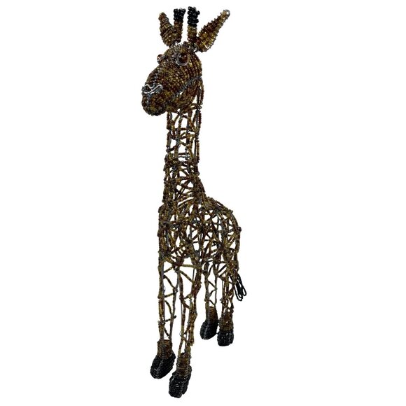 South African Brown Beaded Wire Giraffe Sculpture Handmade African Art Décor - Picture 2 of 12